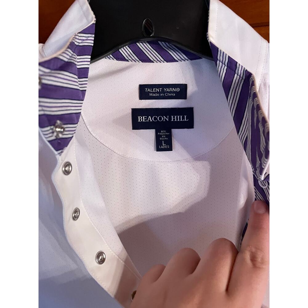 Essex Beacon Hill Equestrian Show Shirt Sun Shirt Purple Stripe Collar/Sleeve - Picture 3 of 7